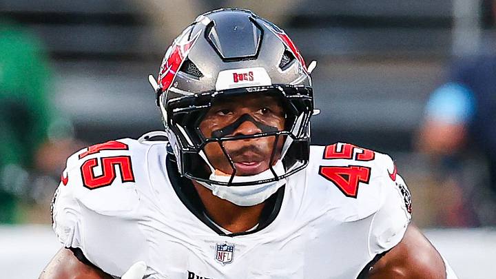 Aug 14, 2026; East Rutherford, New Jersey, USA; Tampa Bay Buccaneers linebacker Josiah Trotter (45) pursues during the first half against New York Jets at MetLife Stadium. Mandatory Credit: Vincent Carchietta-Imagn Images