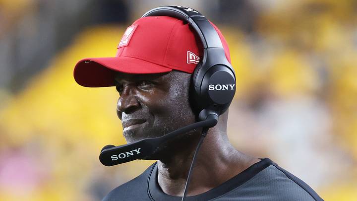 Aug 16, 2025; Pittsburgh, Pennsylvania, USA;  Tampa Bay Buccaneers head coach Todd Bowles looks on from the sidelines against the Pittsburgh Steelers during the fourth quarter at Acrisure Stadium. Mandatory Credit: Charles LeClaire-Imagn Images