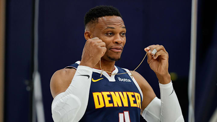 Sep 26, 2024; Denver, Co, USA; Denver Nuggets guard Russell Westbrook (4) during Denver Nuggets Media Day. 