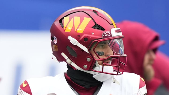 Washington Commanders quarterback Marcus Mariota warms up prior to the game against the New York Giants. Washington Commanders quarterback Marcus Mariota warms up prior to the game against the New York Giants.