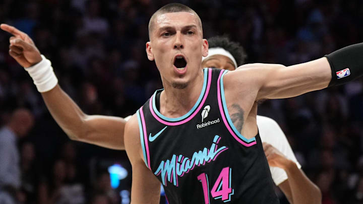 Miami Heat guard Tyler Herro (14) tries to persuade (Mandatory Credit: Jim Rassol-Imagn Images)
