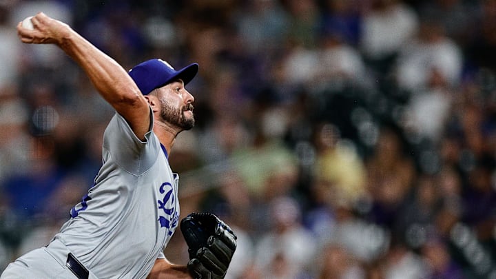 Jun 17, 2024; Denver, Colorado, USA; Los Angeles Dodgers relief pitcher J.P. Feyereisen (45) pitches in the ninth inning against the Colorado Rockies at Coors Field. 