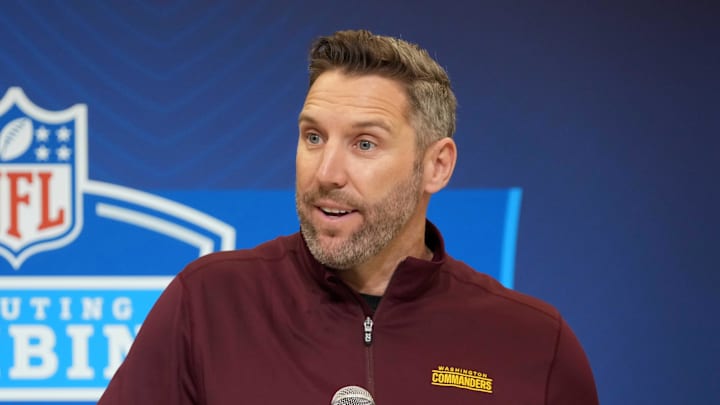 Feb 25, 2025; Indianapolis, IN, USA; Washington Commanders general manager Adam Peters speaks during the NFL Scouting Combine at the Indiana Convention Center. Mandatory Credit: Kirby Lee-Imagn Images