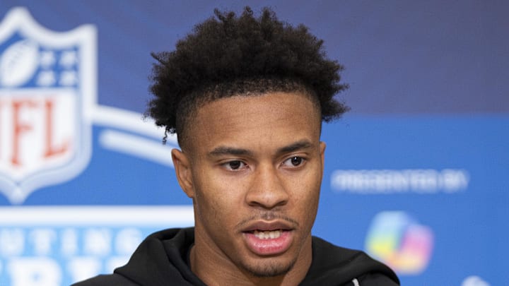 Feb 26, 2026; Indianapolis, IN, USA; South Carolina defensive back Brandon Cisse (DB04) speaks to members of the media during the NFL Combine at the Indiana Convention Center. Mandatory Credit: Jacob Musselman-Imagn Images