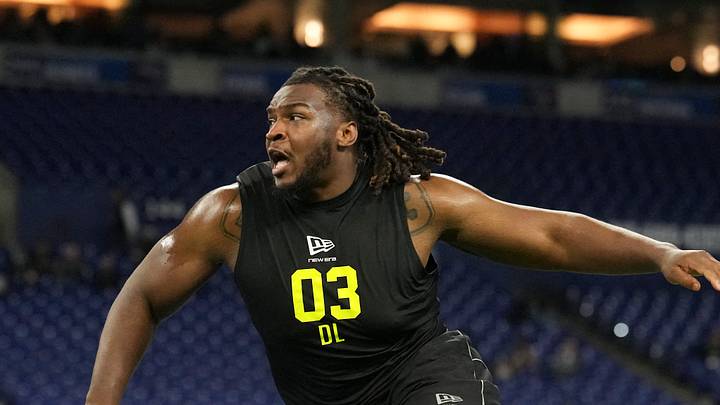 Feb 26, 2026; Indianapolis, IN, USA; South Carolina defensive lineman Nick Barrett (DL03) during the NFL Scouting Combine  at Lucas Oil Stadium. Mandatory Credit: Kirby Lee-Imagn Images