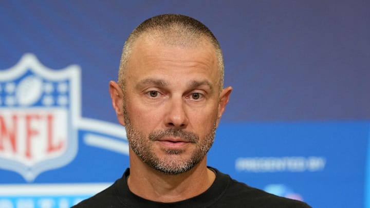 Feb 24, 2026; Indianapolis, IN, USA; Las Vegas Raiders general manager John Spytek speaks at the NFL Scouting Combine at the Indiana Convention Center. Mandatory Credit: Kirby Lee-Imagn Images