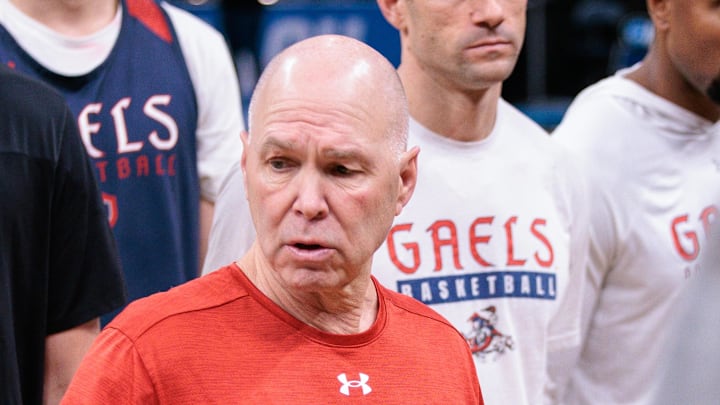 Mar 18, 2026; Oklahoma City, OK, USA; Saint Mary's Gaels head coach Randy Bennett speaks to the team during a practice session ahead of the first round of the men's 2026 NCAA Tournament at Paycom Center. Mandatory Credit: William Purnell-Imagn Images