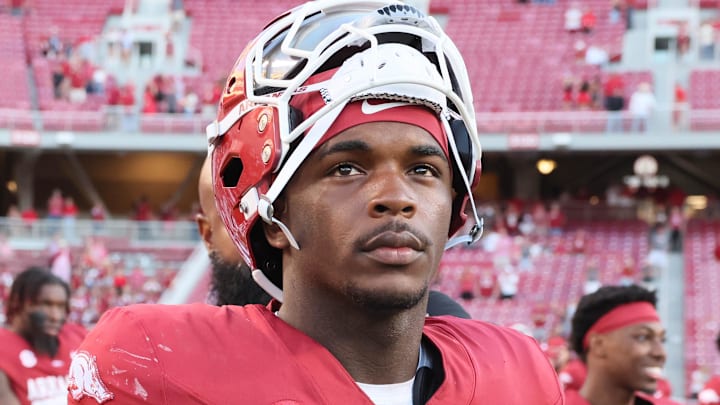 Arkansas Razorbacks running back Braylen Russell (0) after the game against the UAB Blazers at Razorback Stadium. Arkansas won 37-27.