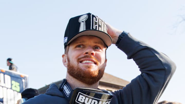 Seattle Seahawks quarterback Sam Darnold reacts during the Super Bowl LX parade