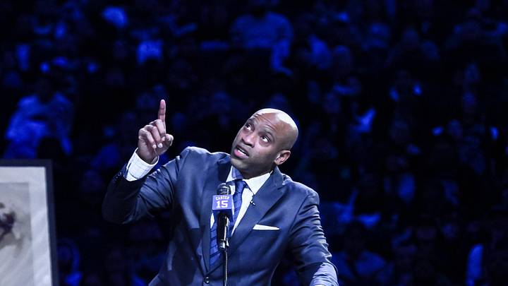 Jan 25, 2025; Brooklyn, New York, USA; Former NBA star Vince Carter speaks during his jersey retirement ceremony at halftime of a game between the Brooklyn Nets and the Miami Heat at Barclays Center. Mandatory Credit: John Jones-Imagn Images