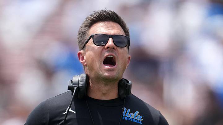 May 2, 2026; Pasadena, CA, USA; UCLA Bruins coach Bob Chesney reacts during the spring game at Rose Bowl. Mandatory Credit: Kirby Lee-Imagn Images May 2, 2026; Pasadena, CA, USA; UCLA Bruins coach Bob Chesney reacts during the spring game at Rose Bowl. Mandatory Credit: Kirby Lee-Imagn Images