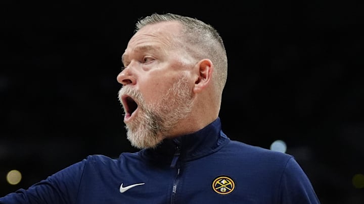 Apr 6, 2025; Denver, Colorado, USA; Denver Nuggets head coach Michael Malone reacts in the second half against the Indiana Pacers at Ball Arena. Mandatory Credit: Ron Chenoy-Imagn Images Apr 6, 2025; Denver, Colorado, USA; Denver Nuggets head coach Michael Malone reacts in the second half against the Indiana Pacers at Ball Arena. Mandatory Credit: Ron Chenoy-Imagn Images