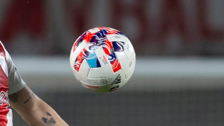 Juan Fernando Qintero of River Plate controls the ball...