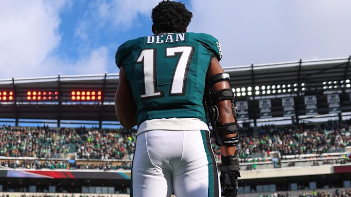 Dec 14, 2025; Philadelphia, Pennsylvania, USA; Philadelphia Eagles linebacker Nakobe Dean (17) stands during the National Anthem before the game against the Las Vegas Raiders at Lincoln Financial Field. Mandatory Credit: Bill Streicher-Imagn Images