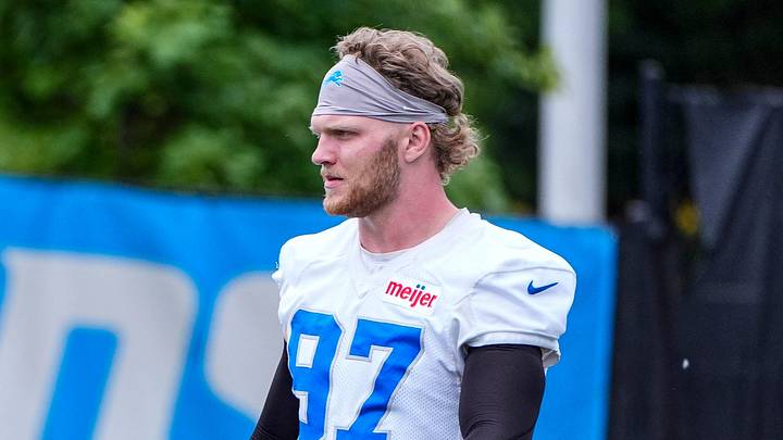 Detroit Lions defensive end Aidan Hutchinson (97) before OTAs at Meijer Performance Center in Allen Park on Thursday, June 11, 2026. Detroit Lions defensive end Aidan Hutchinson (97) before OTAs at Meijer Performance Center in Allen Park on Thursday, June 11, 2026.
