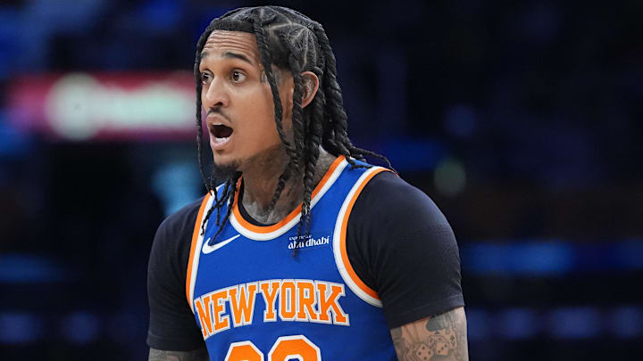 Mar 8, 2026; Los Angeles, California, USA; New York Knicks guard Jordan Clarkson (00) reacts against the Los Angeles Lakers in the second half at Crypto.com Arena. Mandatory Credit: Kirby Lee-Imagn Images