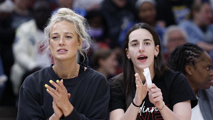 Indiana Fever guards Sophie Cunningham (8) and Caitlin Clark (22)