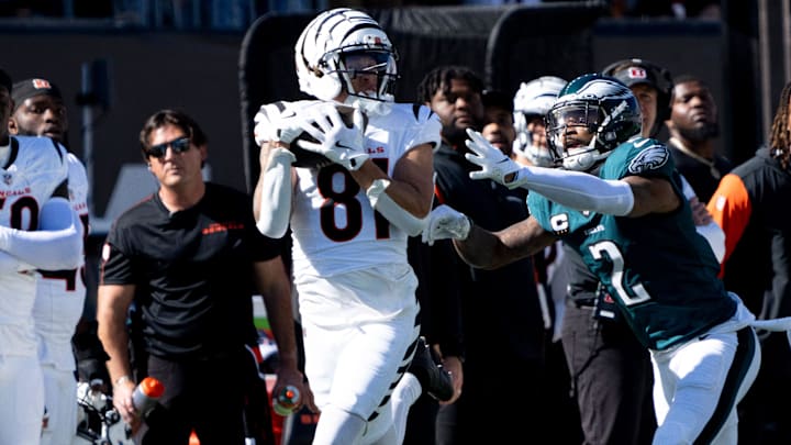Cincinnati Bengals wide receiver Jermaine Burton (81) makes a catch as Philadelphia Eagles cornerback Darius Slay Jr. (2) defends in the second quarter of the NFL game at Paycor Stadium in Cincinnati on Sunday, Oct. 27, 2024.