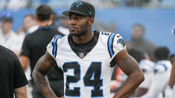 Aug 12, 2023; Charlotte, North Carolina, USA; Carolina Panthers safety Vonn Bell (24) during the second half against the New York Jets at Bank of America Stadium. Mandatory Credit: Jim Dedmon-Imagn Images