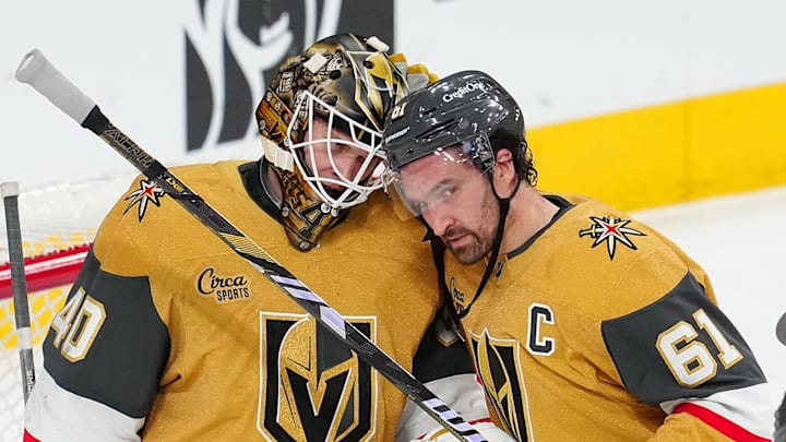 Jan 10, 2026; Las Vegas, Nevada, USA; Vegas Golden Knights right wing Mark Stone (61) congratulates Vegas Golden Knights goaltender Akira Schmid (40) after the Golden Knights defeated the St. Louis Blues 4-2 at T-Mobile Arena. Mandatory Credit: Stephen R. Sylvanie-Imagn Images Jan 10, 2026; Las Vegas, Nevada, USA; Vegas Golden Knights right wing Mark Stone (61) congratulates Vegas Golden Knights goaltender Akira Schmid (40) after the Golden Knights defeated the St. Louis Blues 4-2 at T-Mobile Arena. Mandatory Credit: Stephen R. Sylvanie-Imagn Images