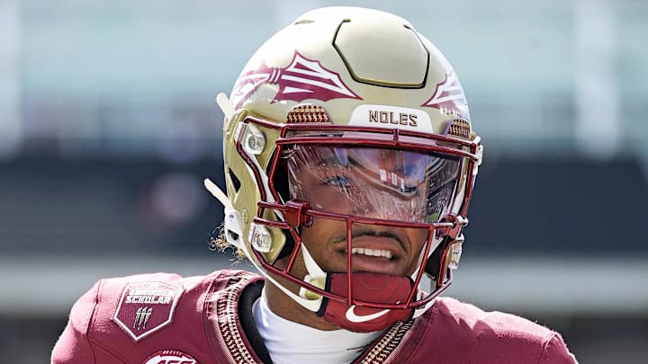 Sep 6, 2025; Tallahassee, Florida, USA; Florida State Seminoles quarterback Tommy Castellanos (1) before the game against the East Texas A&M Lions at Doak S. Campbell Stadium. Mandatory Credit: Melina Myers-Imagn Images