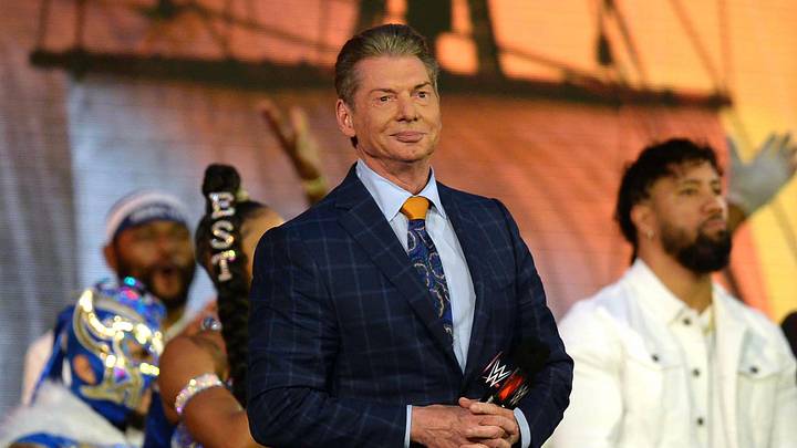 Apr 10, 2021; Tampa, Florida, USA; Chief Executive Officer of WWE Vince McMahon addresses fans during WrestleMania 37 at Raymond James Stadium. Mandatory Credit: Joe Camporeale-Imagn Images