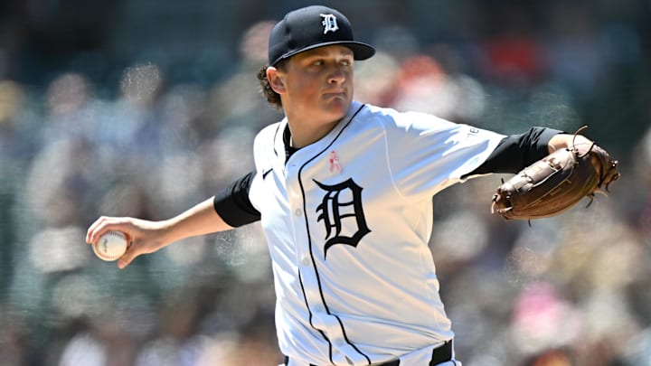 May 11, 2025; Detroit, Michigan, USA; Detroit Tigers starting pitcher Reese Olson (45) throws a pitch against the Texas Rangers in the first inning at Comerica Park