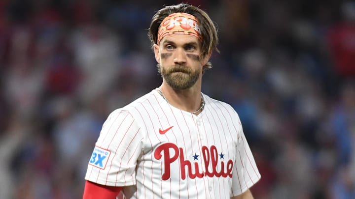 Apr 29, 2025; Philadelphia, Pennsylvania, USA; Philadelphia Phillies first base Bryce Harper (3) against the Washington Nationals at Citizens Bank Park Apr 29, 2025; Philadelphia, Pennsylvania, USA; Philadelphia Phillies first base Bryce Harper (3) against the Washington Nationals at Citizens Bank Park
