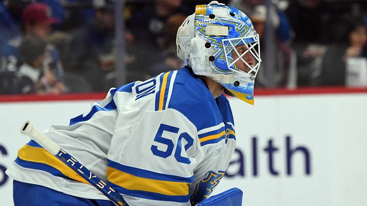 Oct 3, 2026; Denver, Colorado, USA; St. Louis Blues goalie Jordan Binnington (50) in goal during the second period against the Colorado Avalanche at Ball Arena. Mandatory Credit: Christopher Hanewinckel-Imagn Images