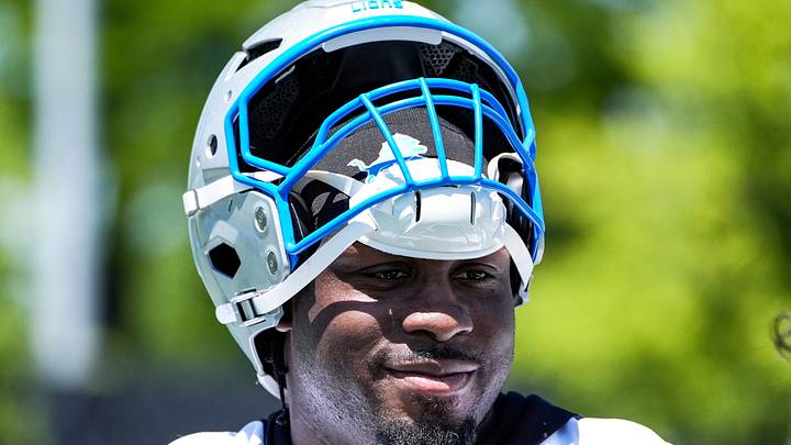Detroit Lions defensive tackle Levi Onwuzurike (95) is being interviewed after practice during OTAs Detroit Lions defensive tackle Levi Onwuzurike (95) is being interviewed after practice during OTAs