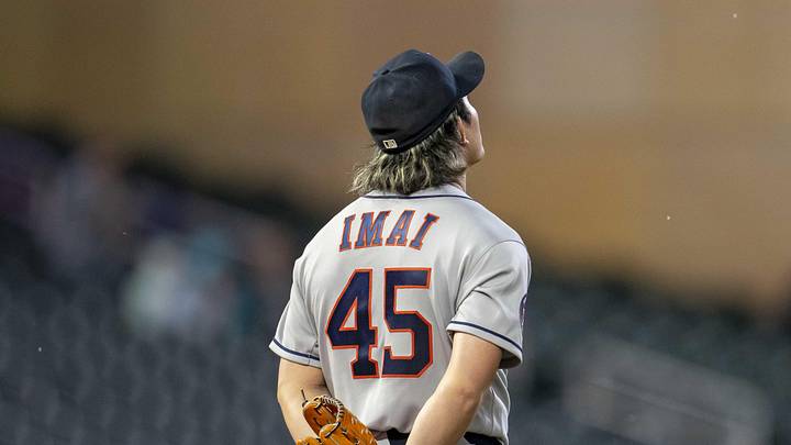 May 18, 2026; Minneapolis, Minnesota, USA; Houston Astros starting pitcher Tatsuya Imai (45) looks on during a pitch challenge against the Minnesota Twins in the fifth inning at Target Field. Mandatory Credit: Jesse Johnson-Imagn Images