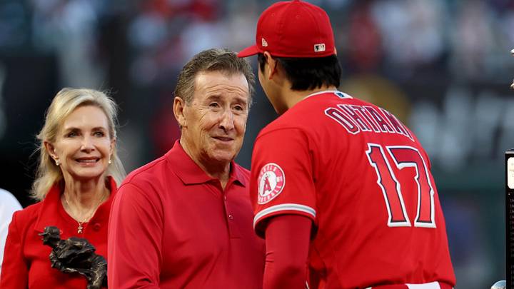 Oct 1, 2022; Anaheim, California, USA;  Los Angeles Angels owner Arte Moreno shakes hand with two-way player Shohei Ohtani (17) before a game against the Texas Rangers at Angel Stadium. Mandatory Credit: Kiyoshi Mio-Imagn Images