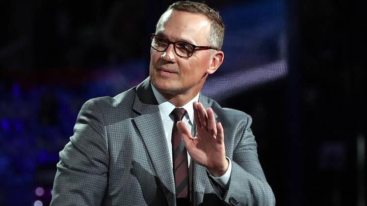 Feb 10, 2018; Tampa, FL, USA; Tampa Bay Lightning general manager Steve Yzerman waves as Former Tampa Bay Lightning center Vincent Lecavalier (4) (not pictured) is honored before the game as he number is retired at Amalie Arena. Mandatory Credit: Kim Klement-USA TODAY Sports
