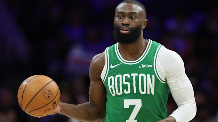 Apr 30, 2026; Philadelphia, Pennsylvania, USA; Boston Celtics guard Jaylen Brown (7) dribbles the ball against the Philadelphia 76ers during the first quarter at Xfinity Mobile Arena. Mandatory Credit: Bill Streicher-Imagn Images
