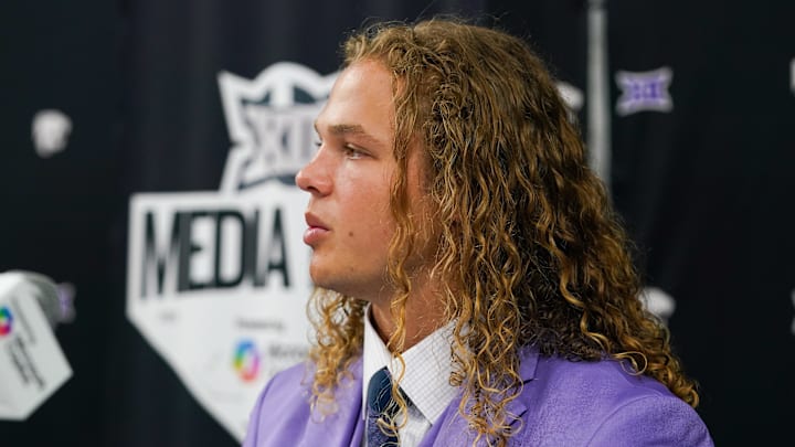 Jul 8, 2025; Frisco, TX, USA; Kansas State quarterback Avery Johnson answers questions from the media during 2025 Big 12 Football Media Days at The Star. Mandatory Credit: Raymond Carlin III-Imagn Images