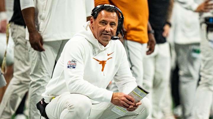 Texas Longhorns head coach Steve Sarkisian looks downfield while coaching in the second quarter as the Texas Longhorns play the Arizona State Sun Devils in the Peach Bowl College Football Playoff quarterfinal at Mercedes-Benz Stadium in Atlanta, Georgia, Jan. 1, 2025. Texas Longhorns head coach Steve Sarkisian looks downfield while coaching in the second quarter as the Texas Longhorns play the Arizona State Sun Devils in the Peach Bowl College Football Playoff quarterfinal at Mercedes-Benz Stadium in Atlanta, Georgia, Jan. 1, 2025.