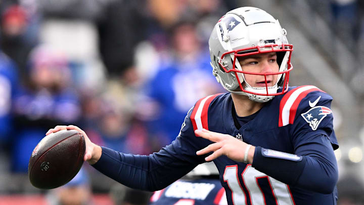Jan 5, 2025; Foxborough, Massachusetts, USA; New England Patriots quarterback Drake Maye (10) looks to throw against the Buffalo Bills during the first half at Gillette Stadium. Mandatory Credit: Brian Fluharty-Imagn Images