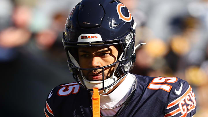 Nov 23, 2025; Chicago, Illinois, USA; Chicago Bears wide receiver Rome Odunze (15) practices before the game against the Pittsburgh Steelers at Soldier Field. Nov 23, 2025; Chicago, Illinois, USA; Chicago Bears wide receiver Rome Odunze (15) practices before the game against the Pittsburgh Steelers at Soldier Field.