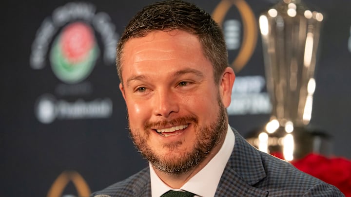 Oregon head coach Dan Lanning speaks during the coaches press conference in Los Angeles Tuesday, Dec. 31, 2024, ahead of the Rose Bowl.
