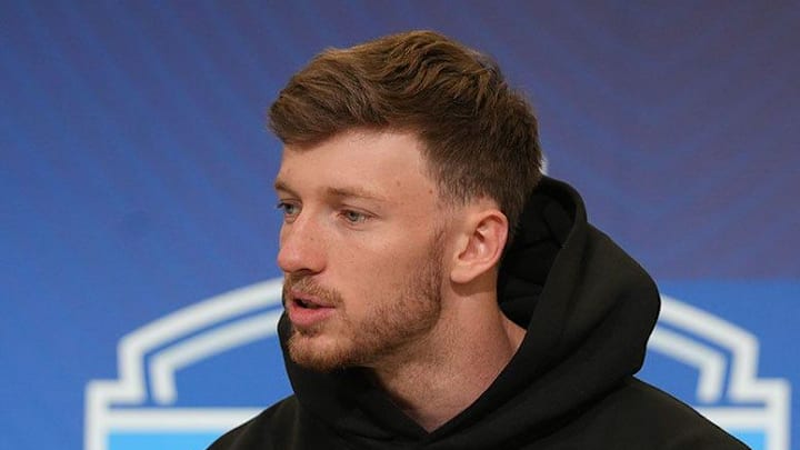 Dillon Thieneman meets with the media at the 2026 NFL Combine.