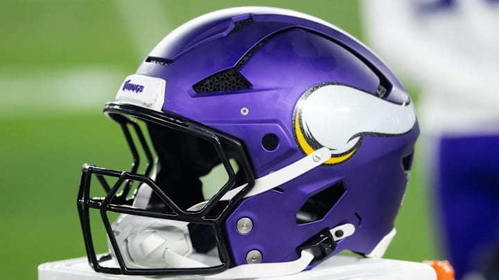 Jan 13, 2025; Glendale, AZ, USA; Detailed view of a Minnesota Vikings helmet during an NFC wild card game at State Farm Stadium. Mandatory Credit: Mark J. Rebilas-Imagn Images