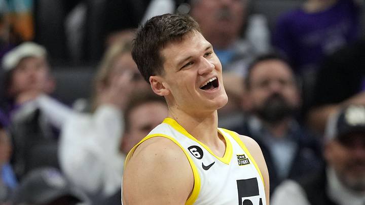 Mar 25, 2023; Sacramento, California, USA; Utah Jazz center Walker Kessler (24) reacts during the fourth quarter against the Sacramento Kings at Golden 1 Center. Mandatory Credit: Darren Yamashita-USA TODAY Sports Mar 25, 2023; Sacramento, California, USA; Utah Jazz center Walker Kessler (24) reacts during the fourth quarter against the Sacramento Kings at Golden 1 Center. Mandatory Credit: Darren Yamashita-USA TODAY Sports