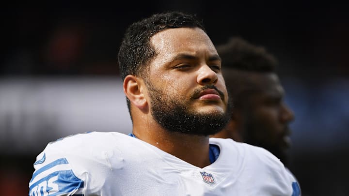 Oct 3, 2021; Chicago, Illinois, USA; Detroit Lions offensive guard Jonah Jackson (73) looks on before the game against the Chicago Bears at Soldier Field.