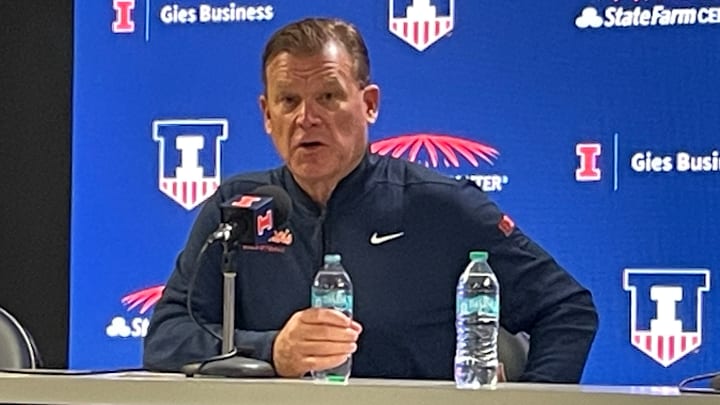 Illinois men's basketball coach Brad Underwood speaks to the media after the Illini's 92-65 exhibition win over Illinois State on Oct. 19 at the State Farm Center in Champaign, Illinois.