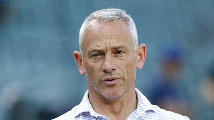 Jul 3, 2025; Chicago, Illinois, USA; Chicago Cubs president of baseball operations Jed Hoyer speaks before a baseball game between the Chicago Cubs and Cleveland Guardians at Wrigley Field. Mandatory Credit: Kamil Krzaczynski-Imagn Images