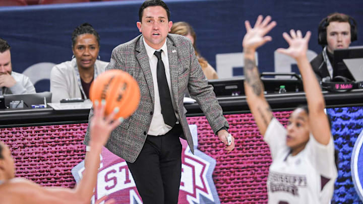 Mar 1, 2023; Greenville, SC, USA; Mississippi State Coach Sam Purcell watches Mississippi State
