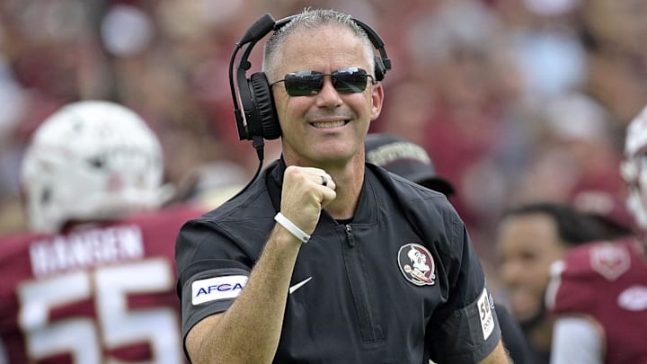 Sep 20, 2025; Tallahassee, Florida, USA; Florida State Seminoles head coach Mike Norvell reacts after a touchdown during the first half against the Kent State Golden Flashes at Doak S. Campbell Stadium. Mandatory Credit: Melina Myers-Imagn Images