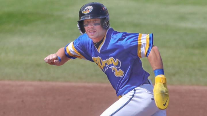 RubberDucks baserunner Travis Bazzana takes off for third base against the Altoona Curve on April 13, 2025, in Akron, Ohio. RubberDucks baserunner Travis Bazzana takes off for third base against the Altoona Curve on April 13, 2025, in Akron, Ohio.