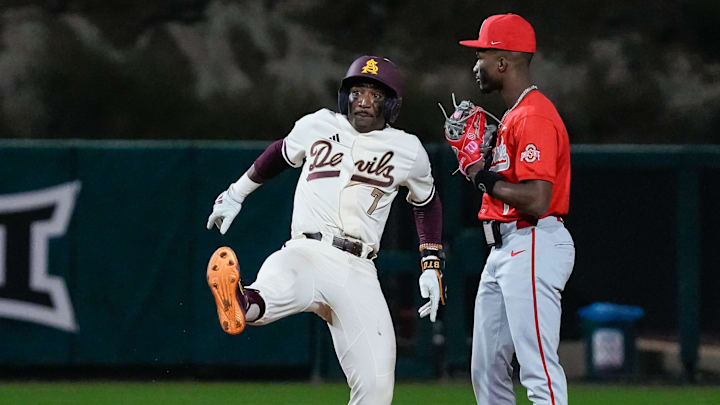 Kyle Walker (7) of the Arizona State Sun Devils celebrates as he reaches second base during ASU’s home opener against Ohio State on Feb. 14, 2025, in Phoenix, Ariz.