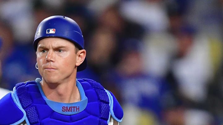 Los Angeles Dodgers catcher Will Smith (16) in position at home against the San Diego Padres during the eighth inning at Dodger Stadium on Aug. 15. Los Angeles Dodgers catcher Will Smith (16) in position at home against the San Diego Padres during the eighth inning at Dodger Stadium on Aug. 15.